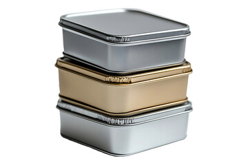 Stacked metal storage containers set isolated on a transparent background