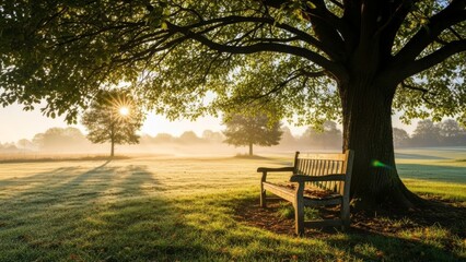 A serene park bench under a large tree at sunrise in a peaceful green field