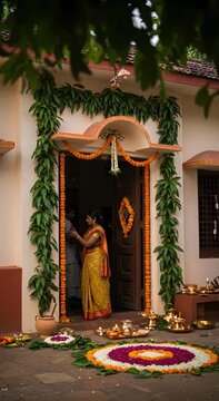 Woman preparing for a traditional Indian ritual with flower decorations and diyas at a decorated doorway, footage.
