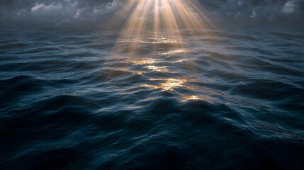 Dramatic sun rays beam through overcast clouds onto a dark wavy ocean surface
