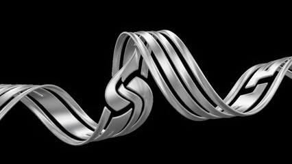 Silver abstract ribbon with a fluid form flows across a black backdrop in a swirling, smooth motion.
