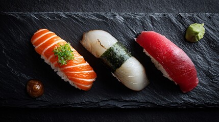 Sushi nigiri trio arranged diagonally on dark slate, minimal styling, empty space on the right