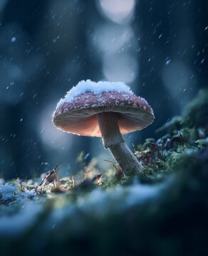 Fly Agaric Mushroom Under Snow with Backlighting topaz