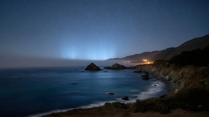 A serene nightscape featuring a rugged coastline ocean stars fog and ethereal blue atmospheric lights