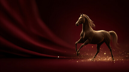 Luxury chinese background with elegant oriental horse standing proud on rich red fabric festive background and warm golden light creating dreamy celebration mood