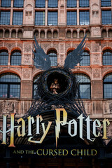 Obraz premium LONDON, UK. 16th February 2025. Harry Potter logo on London's Palace Theatre. Harry Potter is a series of seven fantasy novels written by British author J. K. Rowling.