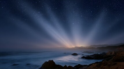 Ethereal light beams emanate from the horizon under a starry night sky illuminating a misty rocky coastline and dark ocean waves