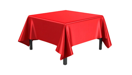 A square table covered in a lustrous, red fabric with draping edges, set on a black background