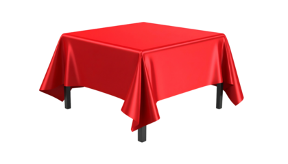 A square table covered in a lustrous, red fabric with draping edges, set on a black background