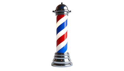 Classic barber pole with red, white, and blue spiral stripes, and chrome detailing