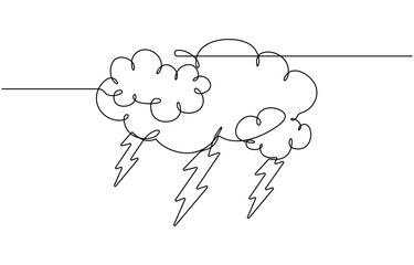 Continuous one line drawing of thundercloud and lightning symbol.