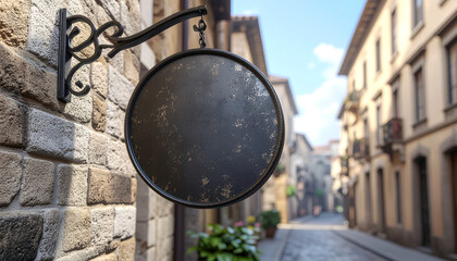 Fototapeta premium Vintage metal sign hanging on a rustic brick wall in a charming old town alleyway