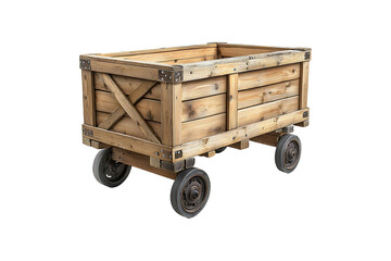 Vintage wooden crate cart with rugged wheels isolated on a transparent background