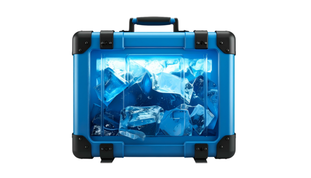 A blue, boxy container with transparent front filled with ice, glowing from within - Powered by Adobe