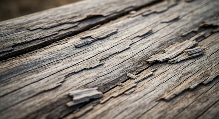 Obraz premium Closeup of a weathered grey wood surface with prominent grain lines and flaking texture showing cracks and age
