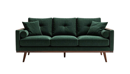 Obraz premium A three-cushion velvet sofa in dark green with wooden trim and legs