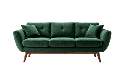 A plush, green velvet sofa with three cushions and wooden legs, set against black