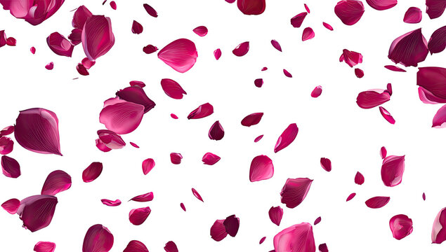 Rose petals, vibrant magenta, falling, dark background