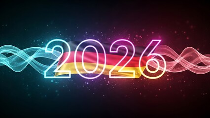 Vibrant neon light streams flow around the year 2026 superimposed on the german flag a futuristic design