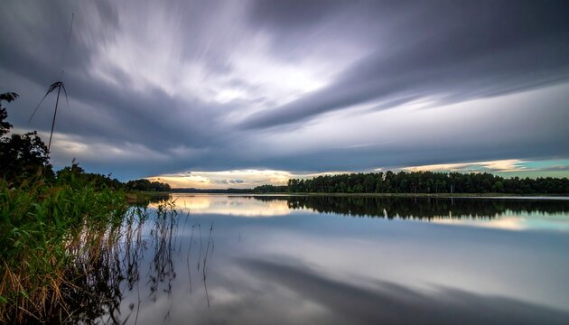 slow-moving storm clouds reflected on a dark lake, long exposure calm tension - Powered by Adobe