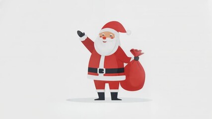 Stylized flat Santa character waves and holds red gift sack on bright white background representing modern playful Christmas icon for web banners and mobile apps