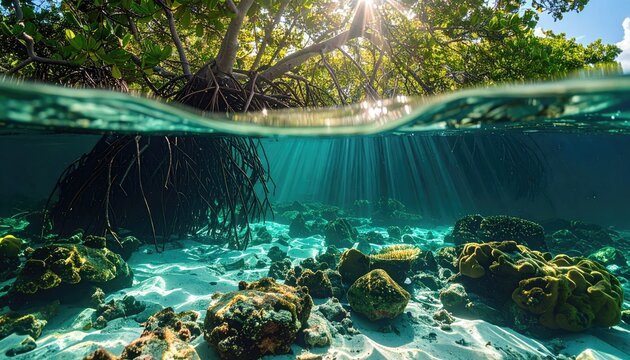 Sunlit mangrove roots, underwater view, half-and-half
