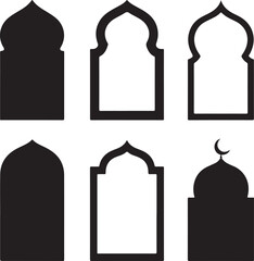 Collection of black silhouettes featuring islamic arches, mosque domes, and decorative frames on background