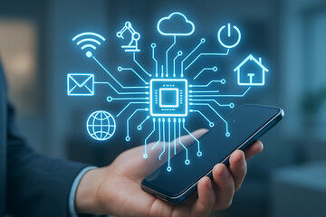 Connected digital ecosystem illustration with cloud automation devices and intelligent data flow