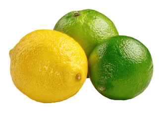 Close-up of three citrus fruits, a yellow lemon and two vibrant green limes, clustered together