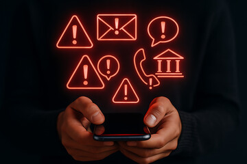 Cybersecurity alert warning concept showing digital threats notifications and data protection risks