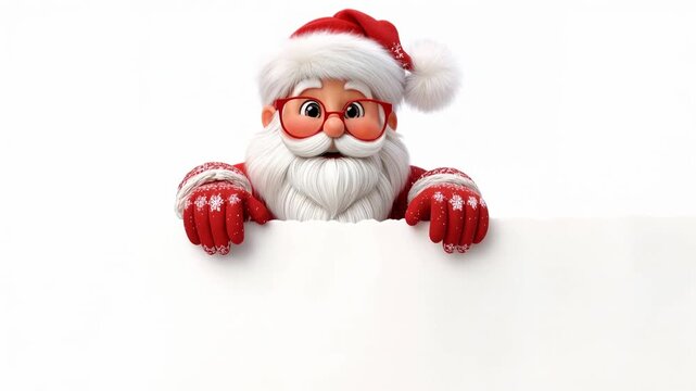 Adorable Santa face with round glasses and mittens peeks over white panel on neutral background creating charming Christmas template for copy space and seasonal branding