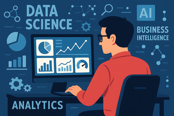Data science analytics workspace illustration showing professional analyzing charts graphs and business intelligence