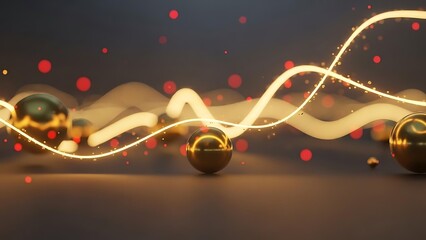 Golden Spheres and Glowing Waves on Dark Background