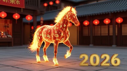 Beautifully patterned fire horse walking through a festive Chinese village at dusk with 2026 gold numbers, Lunar New Year holiday graphic.