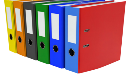 A row of colorful ring binders arranged in a semi-circle, ready for organization