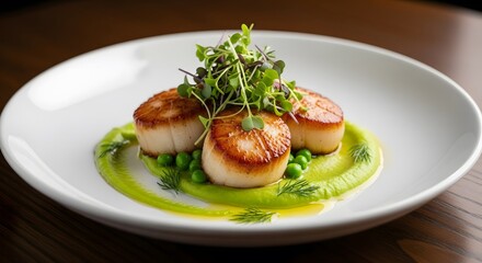Seared scallops on plate with pea puree and microgreens garnish