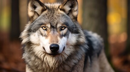 Fototapeta premium Majestic gray wolf portrait staring intently from a sunlit autumn forest with amber eyes and lush fur