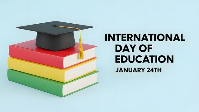 Stack of colorful books topped with a graduation cap, celebrating International Day of Education.