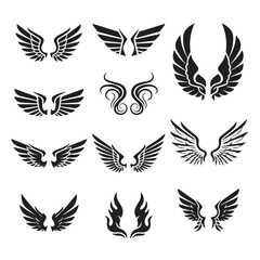 Fototapeta premium Collection of stylized wing designs and symbols in black