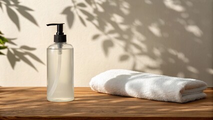 Transparent shower gel and towel tree shadow on indoor tabletop