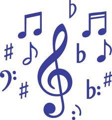 black and white, minimalist, stylized musical symbols, treble clef, notes, sharps, flats, bass clef, dynamic markings.eps
