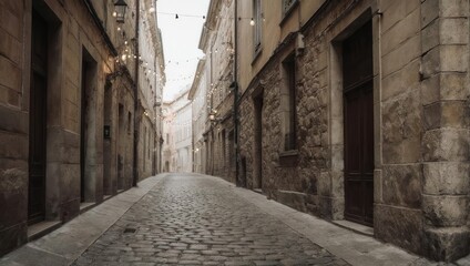 Cobblestone street in an old European town with stone buildings.