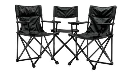 Three black foldable camping chairs, arranged, with arms, on black background