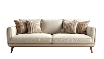 Elegant off-white leather sofa with decorative pillows, minimalist design, dark background