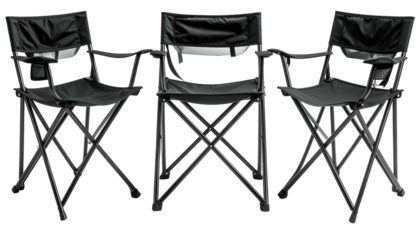 Three black folding chairs, arranged side-by-side against a stark black background