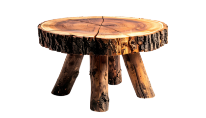 Rustic, round wooden stool crafted from a tree trunk, with three sturdy legs