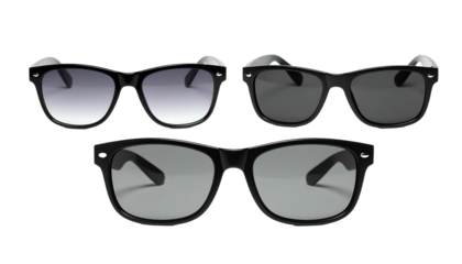Three pairs of black-framed sunglasses, each with tinted lenses, arranged on a black background
