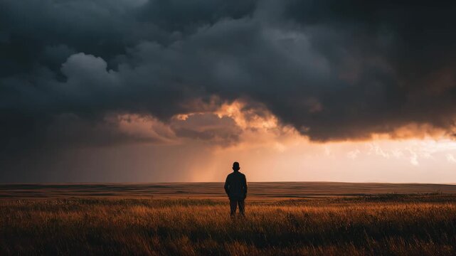 Silhouette of person standing in field under dramatic storm clouds at sunset