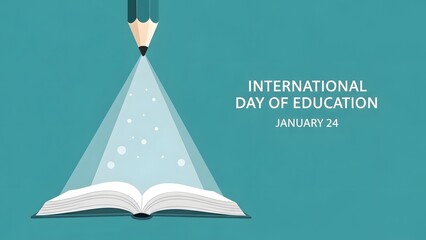 International Day of Education January 24: Open book illuminated by pencil light, symbolizing knowledge and discovery.