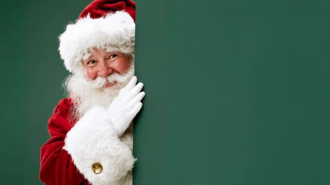 Classic Santa in red coat and white gloves hides behind green backdrop with only shoulder and gloved hand visible creating mysterious christmas teaser frame for text or logo